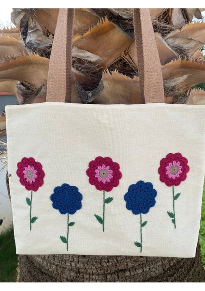 Fuşya/lacivert Çiçek Bahçesi Krem Rengi Bez Omuz Çantası indirimleri