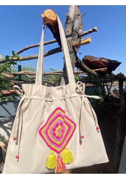 Büzgülü, Pembe Kare Motifli Tote Bez Omuz Çantası