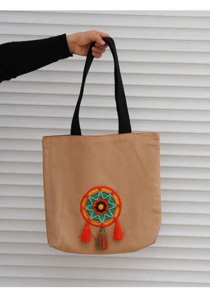 Turuncu Yeşil Yıldız Mandala Örgülü Bez Omuz Çantası fiyatları