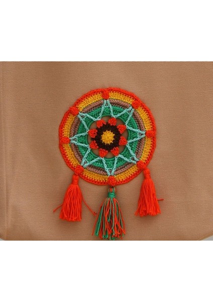 Turuncu Yeşil Yıldız Mandala Örgülü Bez Omuz Çantası modelleri