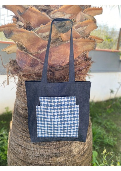 Mavi Gri Kazayağı Desenli Ön Cepli Bez Tote Omuz Çantası