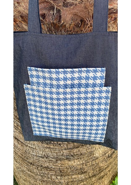 Mavi Gri Kazayağı Desenli Ön Cepli Bez Tote Omuz Çantası fiyatları