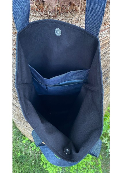 Mavi Gri Kazayağı Desenli Ön Cepli Bez Tote Omuz Çantası modelleri