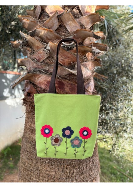 Çiçekli, Örgü Detaylı Yeşil Bez Çanta