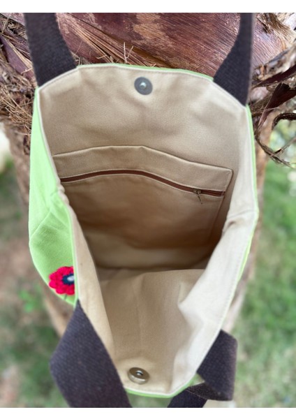 Çiçekli, Örgü Detaylı Yeşil Bez Çanta fiyatları