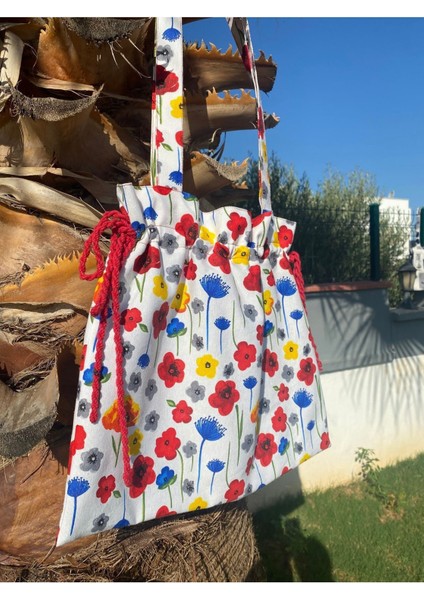 Kır Çiçekleri Büzgülü Tote Bez Omuz Çantası