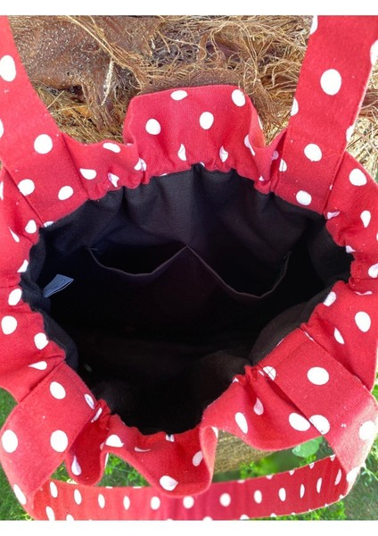 Büzgülü, Kırmızı Beyaz Puantiye Detaylı Tote Bez Omuz Çantası fiyatları