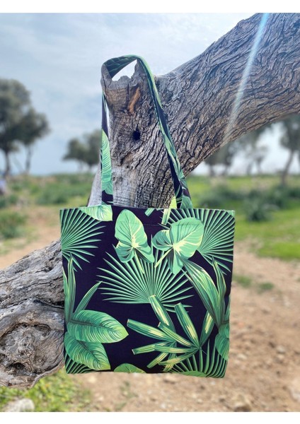 Tropikal Yeşil Yaprak Desenli Çok Amaçlı Bez Tote/plaj/omuz Çantası