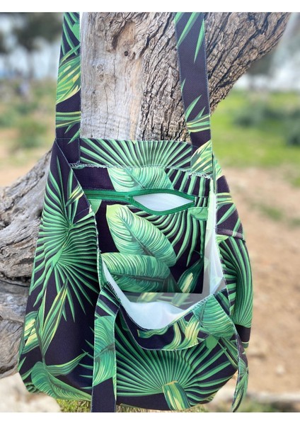 Tropikal Yeşil Yaprak Desenli Çok Amaçlı Bez Tote/plaj/omuz Çantası fiyatları