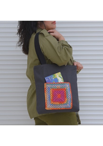 Ebruli Otantik Motif Gri/antrasit Bez Omuz Çantası