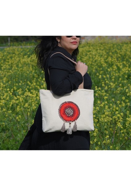 Kırmızı Ebruli Mandala Örgülü Bez Omuz Çantası
