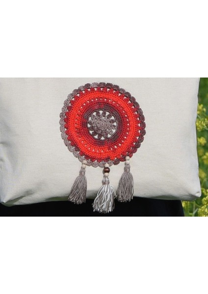 Kırmızı Ebruli Mandala Örgülü Bez Omuz Çantası fiyatları