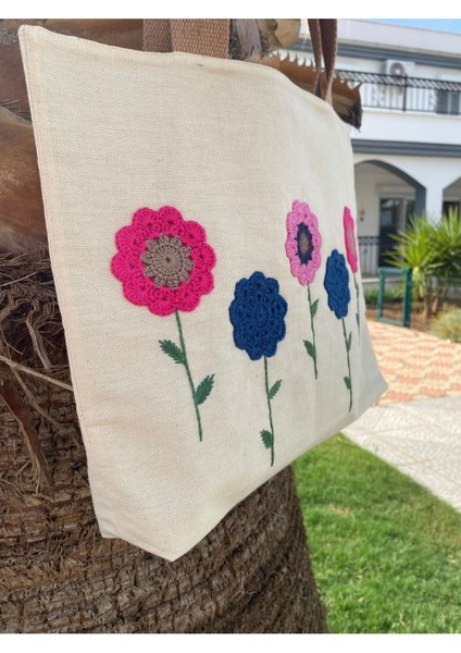 Koyu-Açık Pembe/ Lacivert Çiçek Bahçesi Krem Rengi Bez Omuz Çantası modelleri