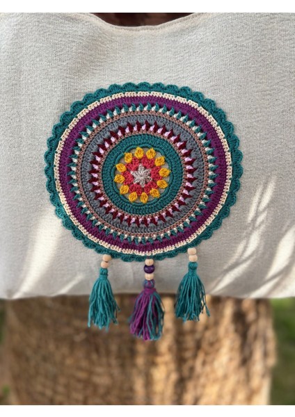 Yeşil Mor Renkli Mandala Örgülü Bez Tote Kadın Omuz Çantası modelleri