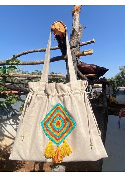 Büzgülü, Yeşil/kiremit Kare Motif Detaylı Tote Bez Omuz Çantası