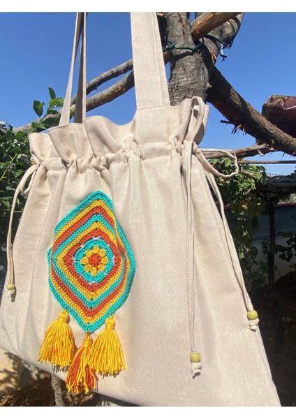 Büzgülü, Yeşil/kiremit Kare Motif Detaylı Tote Bez Omuz Çantası fiyatları