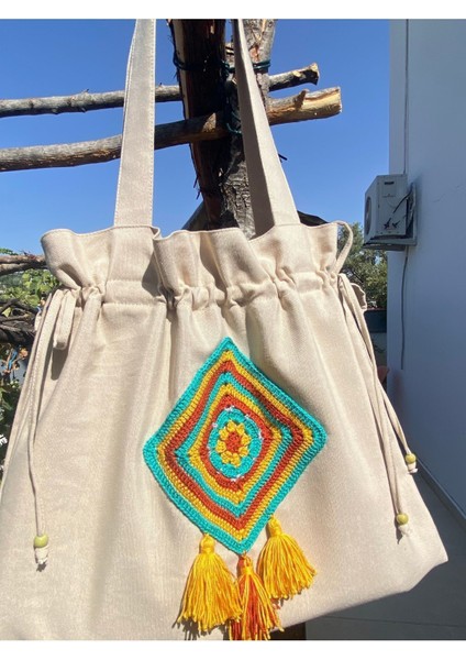 Büzgülü, Yeşil/kiremit Kare Motif Detaylı Tote Bez Omuz Çantası modelleri