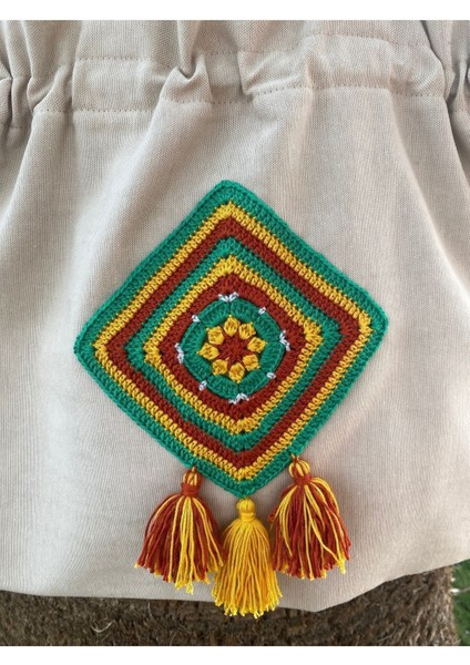 Büzgülü, Yeşil/kiremit Kare Motif Detaylı Tote Bez Omuz Çantası fırsatları