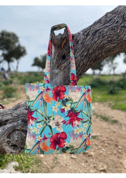 Turkuaz Zeminde Tropikal Çiçekler / Çok Amaçlı Bez Tote/plaj/omuz Çantası