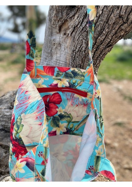 Turkuaz Zeminde Tropikal Çiçekler / Çok Amaçlı Bez Tote/plaj/omuz Çantası fiyatları