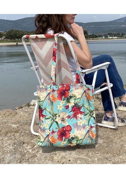 Turkuaz Zeminde Tropikal Çiçekler / Çok Amaçlı Bez Tote/plaj/omuz Çantası modelleri