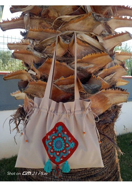 Büzgülü, Kiremit/fıstık Yeşili Otantik Kare Motifli Tote Bez Omuz Çantası