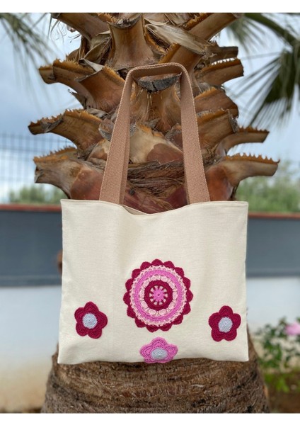 Çiçekler ve Mandala (Pembe/fuşya) Örgülü Bez Omuz Çantası