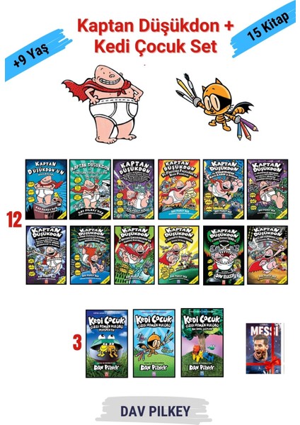 Kaptan Düşükdon 12 Kitap - Kedi Çocuk 3 Kitap 15'li Set - Dav Pilkey + Defter