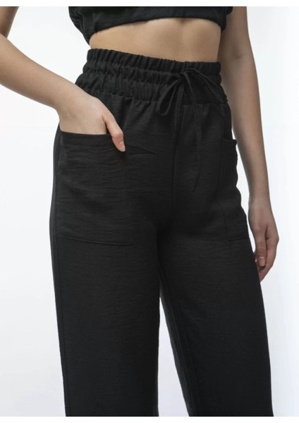 Kadin Keten Pantalon ve Crop Takım - Siyah