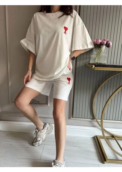 Unisex Baskılı Şortlu Oversize Takım - Beyaz