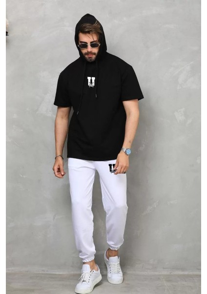 Unisex Kapşonlu Oversize T-Shirt Takım - Siyah