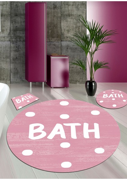 Pembe Bath Yazılı, 100x100 - 60x60 - 40x60cm Dokuma Taban 3'lü Banyo Halısı