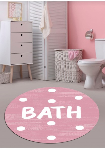 Pembe Bath Yazılı, 100x100 - 60x60 - 40x60cm Dokuma Taban 3'lü Banyo Halısı