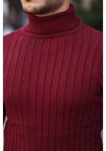 Bordo Slim Fit Boğazlı Fitilli Triko Kazak modelleri