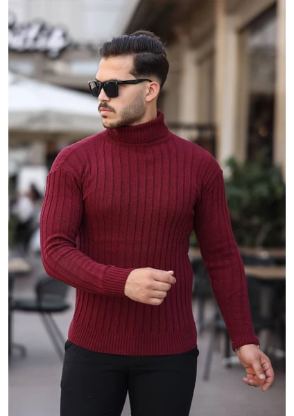 Roberto Bornova Bordo Slim Fit Boğazlı Fitilli Triko Kazak