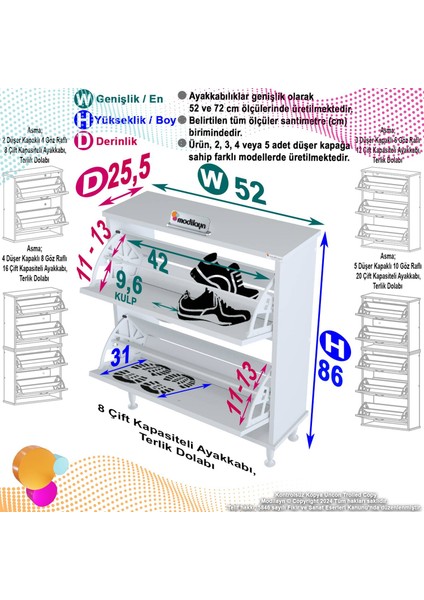 Modilayn Umay Kapı Önü 52 X 86 X 25,5 Cm’lik 2 Düşer Kapak 4 Göz Bölmeli Ayakkabılık