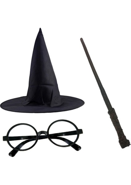 Harry Potter Siyah Şapkası, Gözlüğü, Asası 3lü Set Halloween Kostüm Cosplay Partilerine Uygun