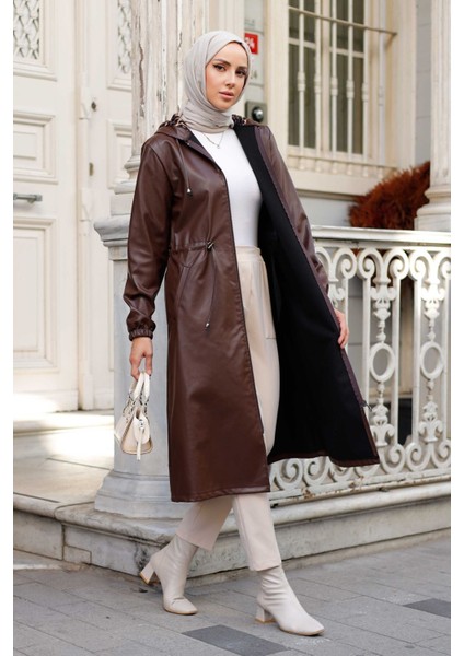 Kadın Kapüşonlu Cepli Deri Kap -PMK331 fiyatları