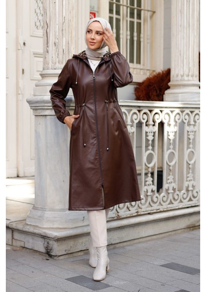 Kadın Kapüşonlu Cepli Deri Kap -PMK331 modelleri