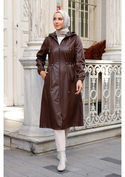 Kadın Kapüşonlu Cepli Deri Kap -PMK331 fırsatları