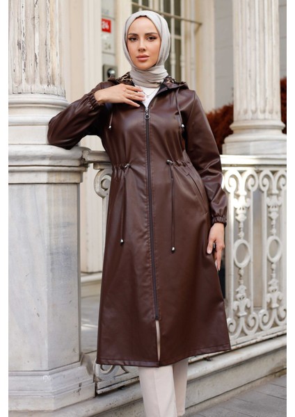 Kadın Kapüşonlu Cepli Deri Kap -PMK331 indirimleri