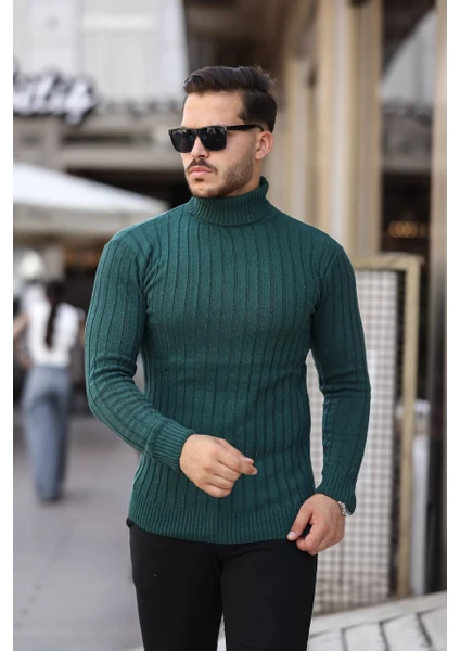 Roberto Bornova Yeşil Slim Fit Boğazlı Fitilli Triko Kazak