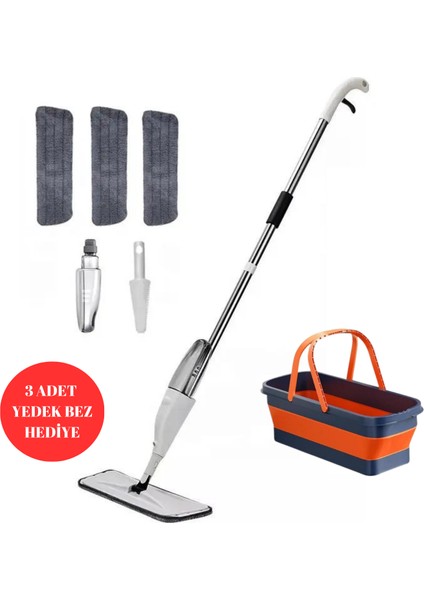 Sprey Mop Set ve Tekerlekli Katlanır Kova 3 Adet Yedek Bez Hediye