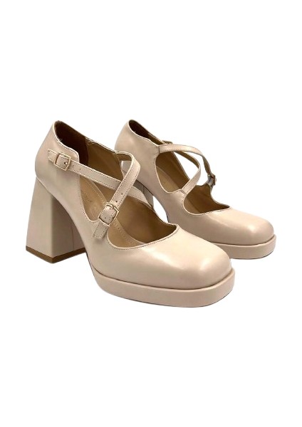 Alis Kalın Topuklu Çapraz Tokalı Kadın Ayakkabı Bej fiyatları