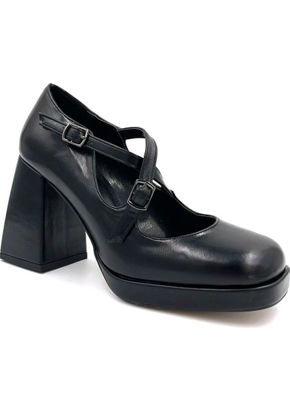 Alis Kalın Topuklu Çapraz Tokalı Kadın Ayakkabı Siyah modelleri