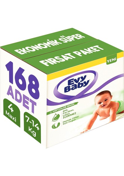 Evy Baby Bebek Bezi Beden:4 (7-14kg) Maxi 168 Adet Ekonomik Süper Fırsat