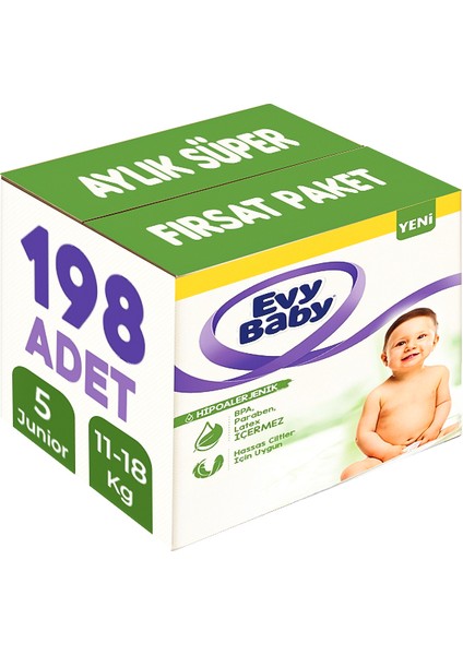 Evy Baby Bebek Bezi Beden:5 (11-18kg) Junior 198 Adet Aylık Süper Fırsat