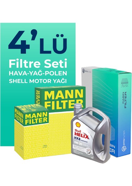 MANN Mercedes C180 Kompresör 1.8 Benzin Filtre Bakım Seti Shell Motor Yağlı (2008-2014) 4 Lü