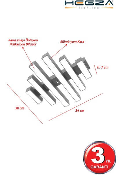 Parrılla ( Gri Kasa, Beyaz Işık ) Ledli Modern Plafonyer Led Avize, Salon, Mutfak, Oturma Odası