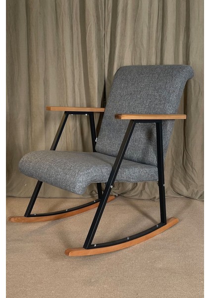 Sallanır Ahşap Detaylı Tv Koltuğu | Sallanan Sandalye & Dinlenme Koltuğu | Sallanan Sandalye | Modern Tasarım | Keten Gri